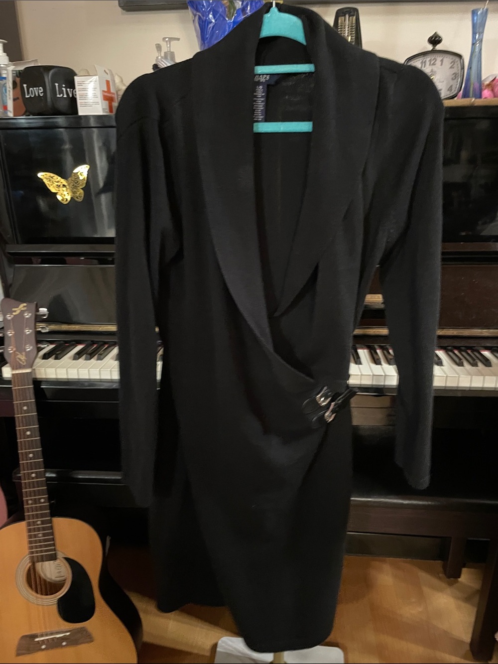 Chaps Black Long-Sleeve Shawl Collar Wrap Dress with Side Buckle